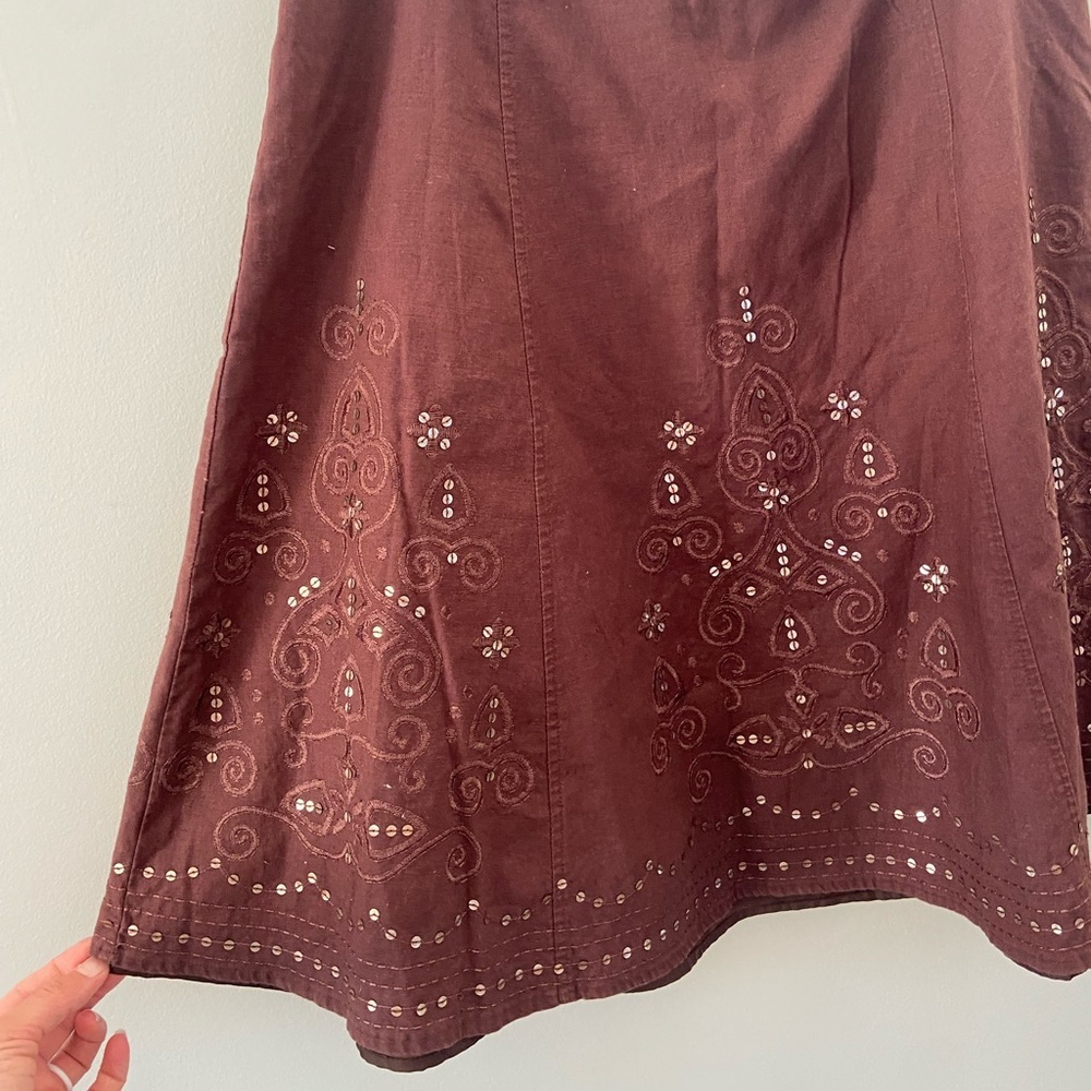 BOUTIQUE Embroidered Sequin A-Line Linen/Cotton Western Summer Casual Midi Skirt - Picture 4 of 5